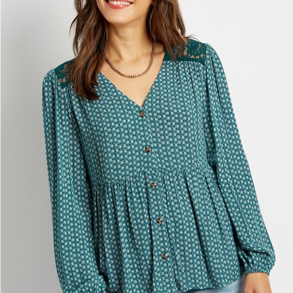 Blue Printed Button Front Babydoll Top
